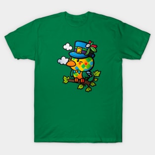 St. Patricks Adorable Green Bird in Blue Hat Cartoon Art T-Shirt